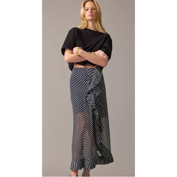 NWT J.CREW Navy & White Polka Dot Ruffled Midi Skirt Size 4 - Picture 4 of 6